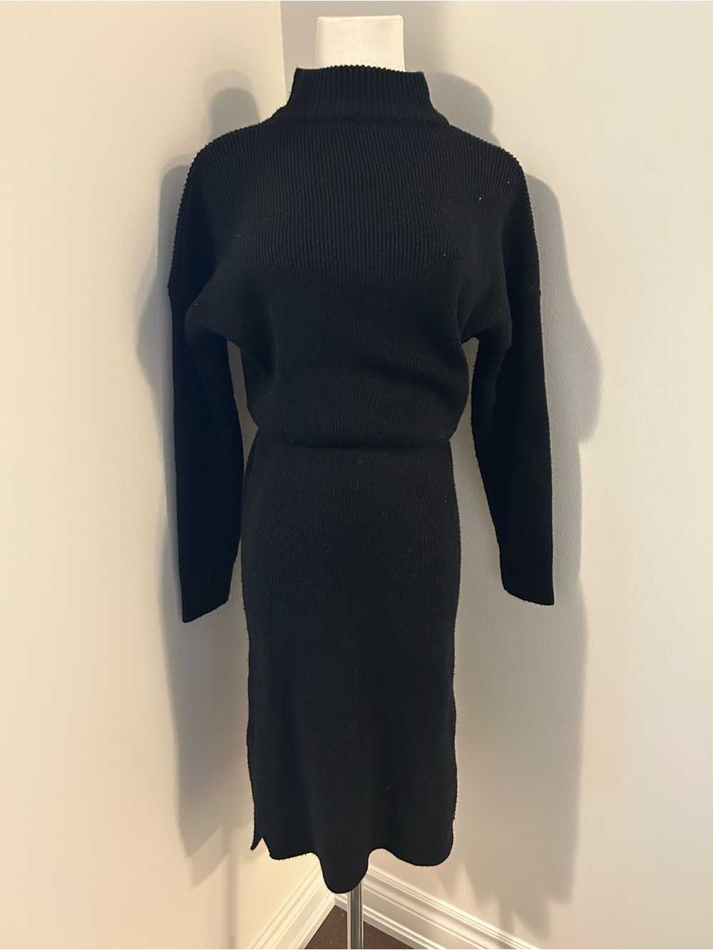 Chic Black Ribbed Knit Sweater Dress, Turtleneck Midi